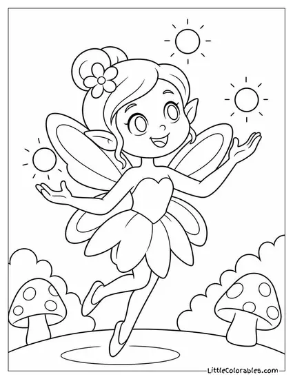 Cartoon Fairy Juggling Tiny Glowing Orbs of Light Coloring Page