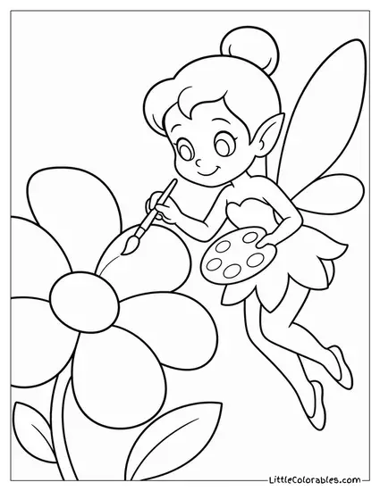 Cartoon Fairy Painting a Flower Petal With a Tiny Paintbrush Coloring Page