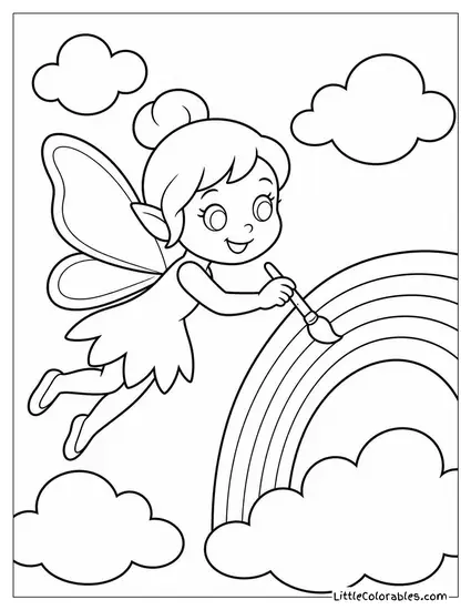 Cartoon Fairy Painting a Rainbow Across a Cloudy Sky Coloring Page