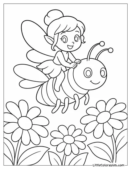 Cartoon Fairy Riding a Bumblebee Through a Garden of Daisies Coloring Page