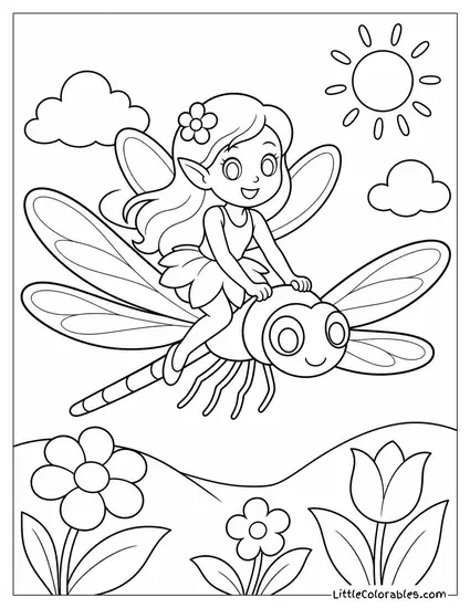 Cartoon Fairy Riding a Dragonfly Through a Sunlit Meadow Coloring Page