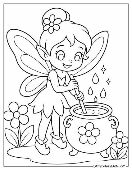 Cartoon Fairy Stirring a Tiny Cauldron of Glowing Flower Nectar Coloring Page