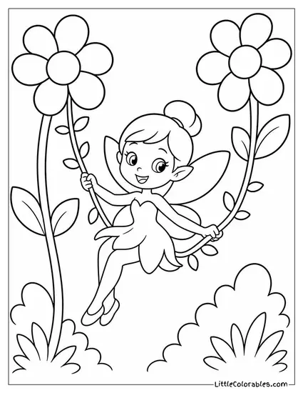 Cartoon Fairy Swinging on a Vine Between Two Tall Flowers Coloring Page