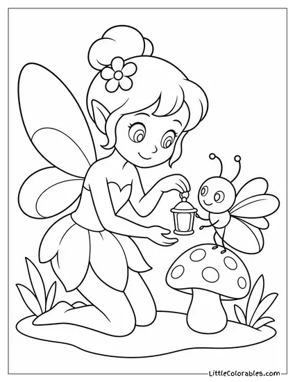 Cartoon Fairy Tending to a Tiny Glowing Firefly Lantern Coloring Page