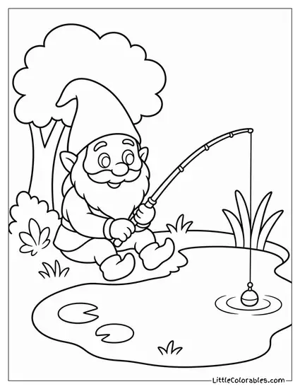 Cartoon Gnome Fishing Beside a Tiny Forest Pond Coloring Page