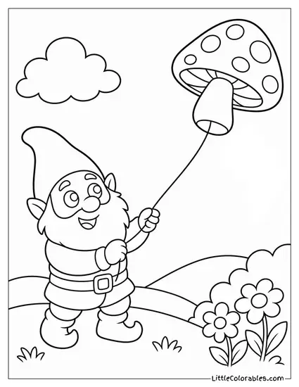 Cartoon Gnome Flying a Kite Shaped Like a Toadstool Coloring Page