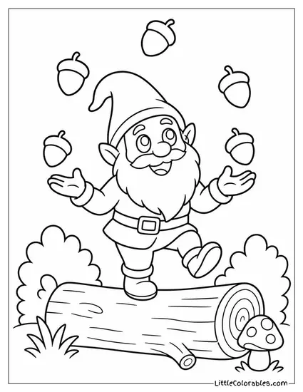 Cartoon Gnome Juggling Acorns While Balancing on a Log Coloring Page