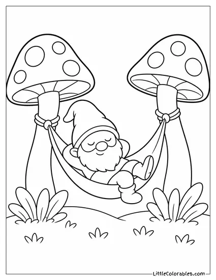 Cartoon Gnome Napping in a Hammock Strung Between Two Toadstools Coloring Page