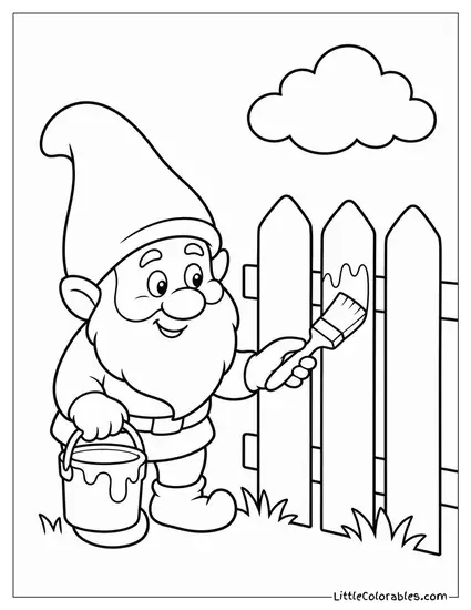 Cartoon Gnome Painting a Fence With a Tiny Paintbrush Coloring Page