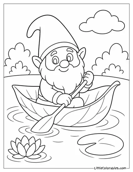 Cartoon Gnome Rowing a Tiny Leaf Boat Across a Quiet Pond Coloring Page