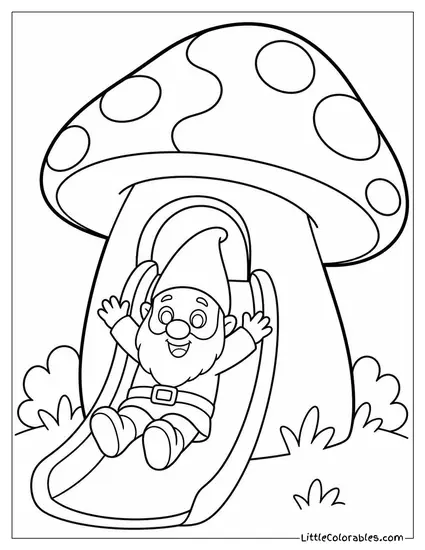 Cartoon Gnome Sliding Down a Mushroom Shaped Slide Coloring Page
