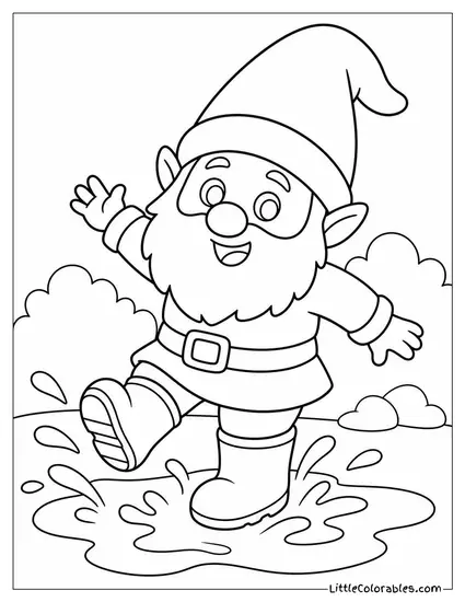 Cartoon Gnome Splashing Through a Puddle With Rubber Boots On Coloring Page