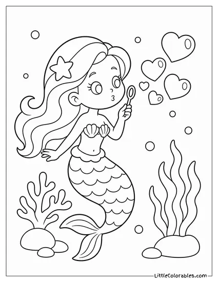 Cartoon Mermaid Blowing Bubbles Shaped Like Little Hearts Coloring Page
