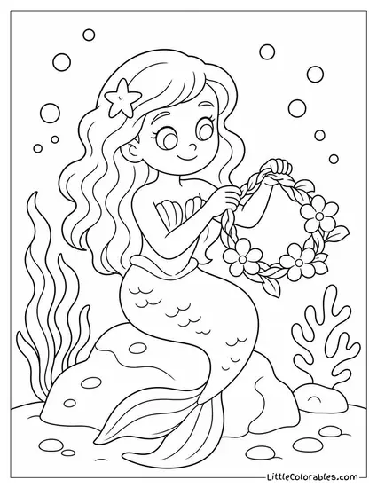Cartoon Mermaid Braiding Seaweed Into a Crown of Flowers Coloring Page