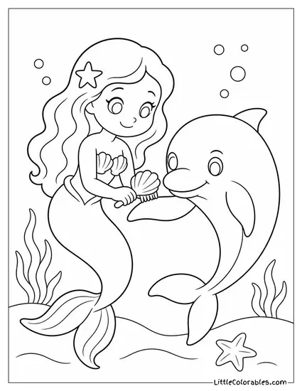 Cartoon Mermaid Brushing a Dolphin's Fin With a Seashell Comb Coloring Page