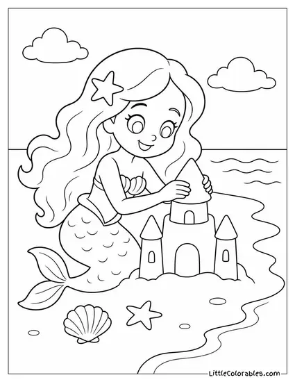 Cartoon Mermaid Building a Sandcastle at the Edge of the Shore Coloring Page