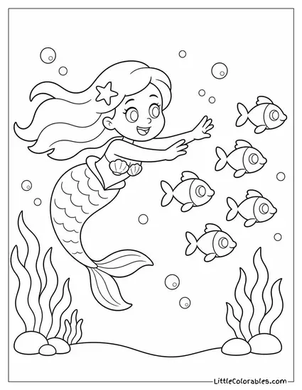 Cartoon Mermaid Chasing a School of Glittering Fish Coloring Page
