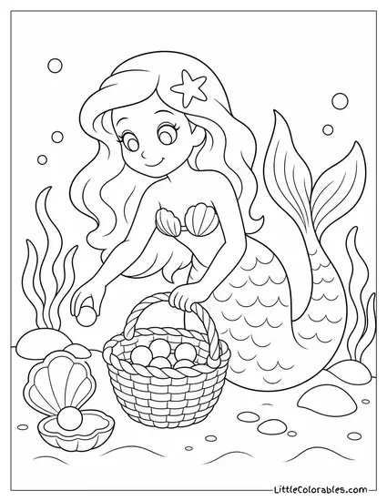 Cartoon Mermaid Collecting Pearls in a Woven Seagrass Basket Coloring Page