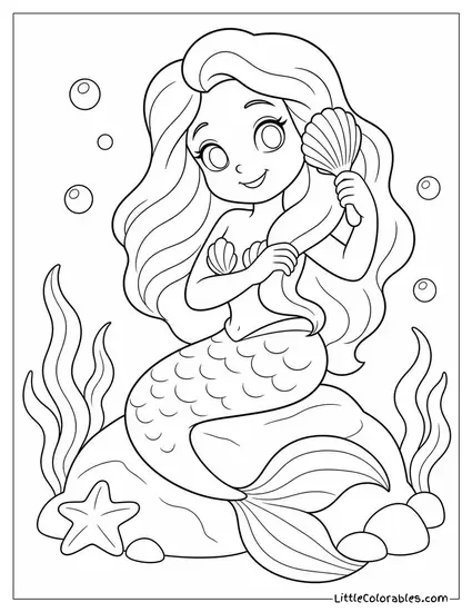 Cartoon Mermaid Combing Her Hair With a Seashell Brush Coloring Page