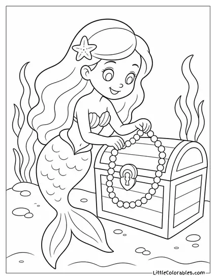 Cartoon Mermaid Decorating a Treasure Chest With Glowing Pearls Coloring Page