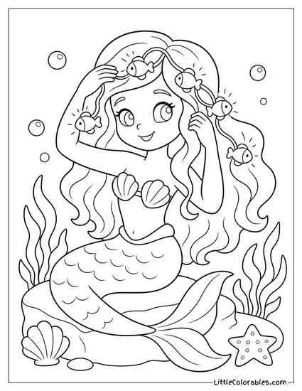 Cartoon Mermaid Decorating Her Hair With Tiny Glowing Fish Lights Coloring Page