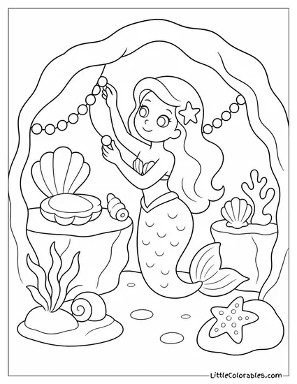 Cartoon Mermaid Decorating Her Underwater Cave With Pearls and Shells Coloring Page