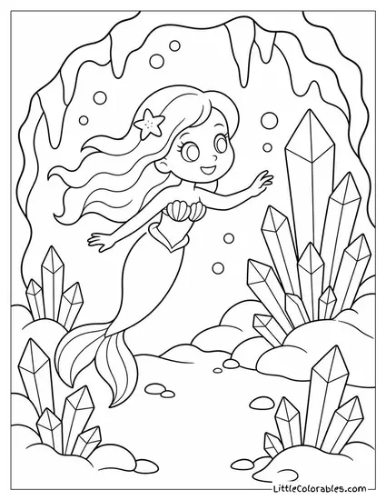 Cartoon Mermaid Exploring a Glowing Underwater Cavern Full of Crystals Coloring Page