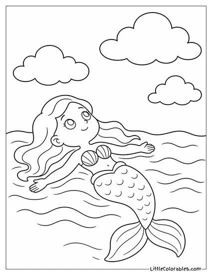 Cartoon Mermaid Floating on Her Back Watching the Clouds From the Surface Coloring Page