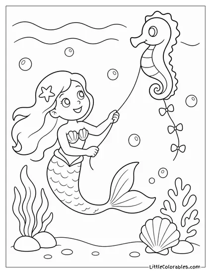 Cartoon Mermaid Flying a Kite Shaped Like a Seahorse Underwater Coloring Page