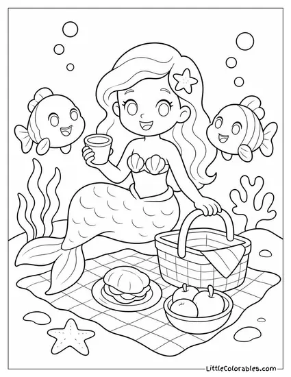 Cartoon Mermaid Having a Picnic on the Ocean Floor With Fish Friends Coloring Page