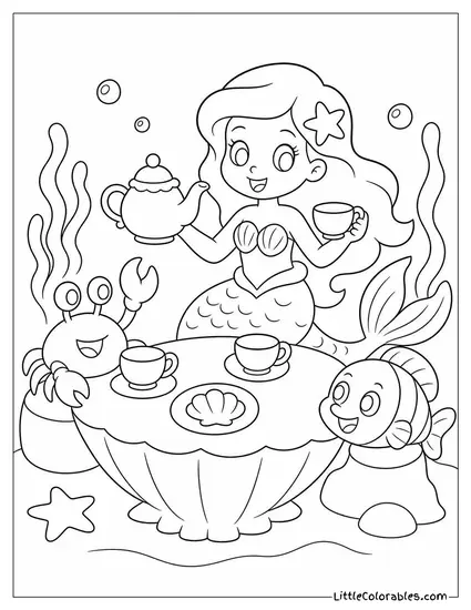 Cartoon Mermaid Hosting a Tea Party With Crab and Fish Friends Coloring Page