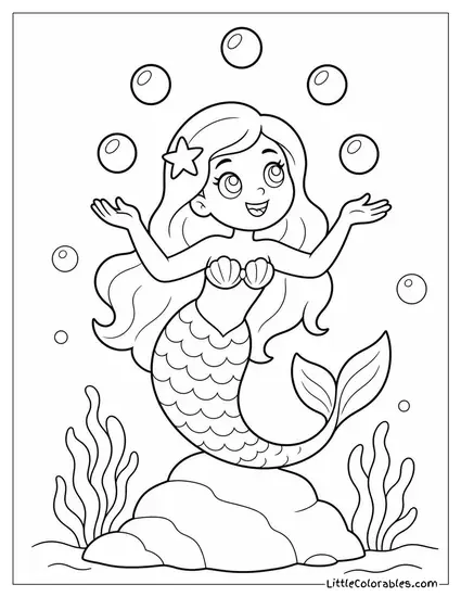 Cartoon Mermaid Juggling Pearls While Balancing on a Rock Coloring Page