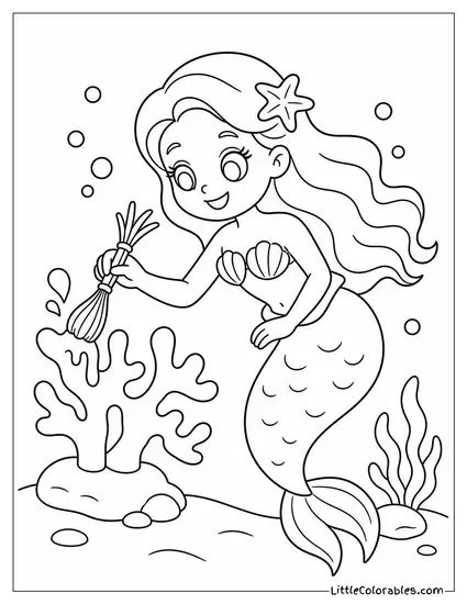 Cartoon Mermaid Painting Corals With a Brush Made of Sea Grass Coloring Page