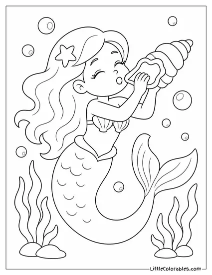 Cartoon Mermaid Playing a Conch Shell Like a Trumpet Coloring Page