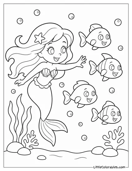 Cartoon Mermaid Playing Tag With a Group of Playful Fish Coloring Page