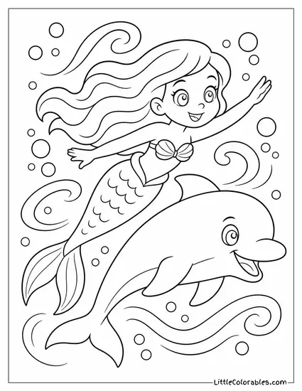 Cartoon Mermaid Racing a Dolphin Through Swirling Bubbles Coloring Page