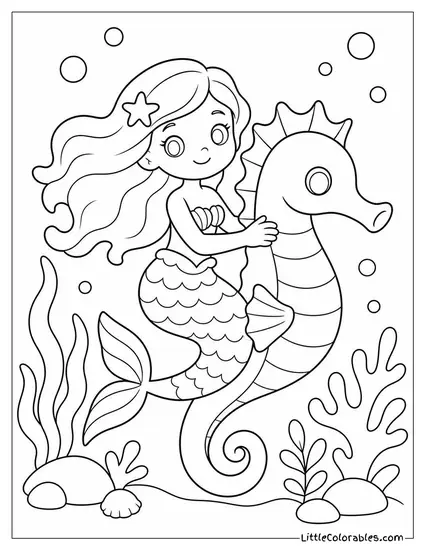 Cartoon Mermaid Riding a Seahorse Through an Underwater Garden Coloring Page
