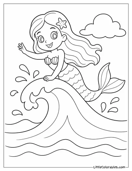Cartoon Mermaid Riding the Crest of a Gentle Wave Coloring Page