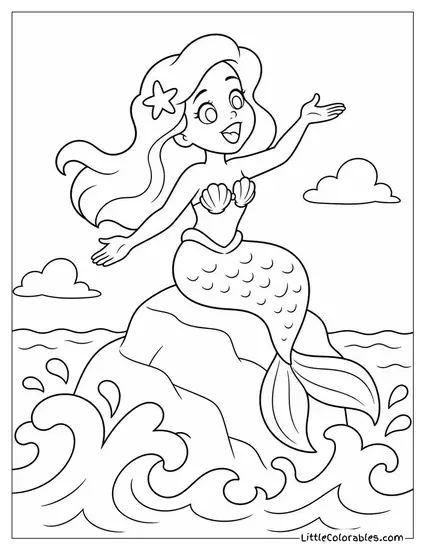 Cartoon Mermaid Singing Atop a Rock as Waves Crash Below Coloring Page