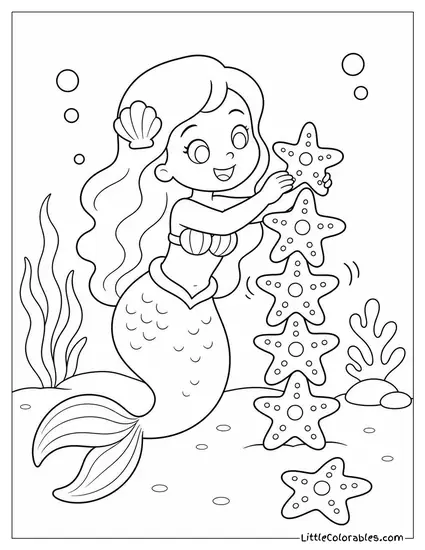 Cartoon Mermaid Stacking Starfish Into a Wobbly Tower Coloring Page