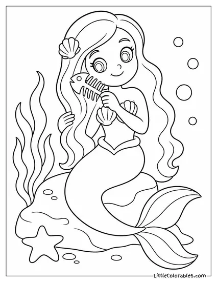 Cartoon Mermaid Styling Her Hair With a Comb Made of Fish Bone Coloring Page