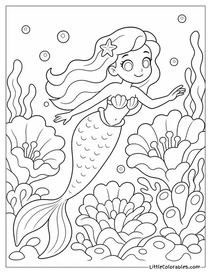 Cartoon Mermaid Swimming Through a Sunken Garden of Coral Flowers Coloring Page