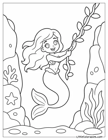 Cartoon Mermaid Swinging on a Vine of Kelp Between Two Rocks Coloring Page