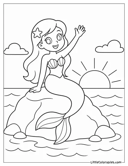 Cartoon Mermaid Waving From Atop a Rock as the Sun Sets Coloring Page