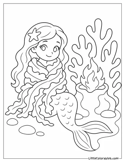 Cartoon Mermaid Wrapped in a Blanket of Seaweed by a Fire Coral Coloring Page
