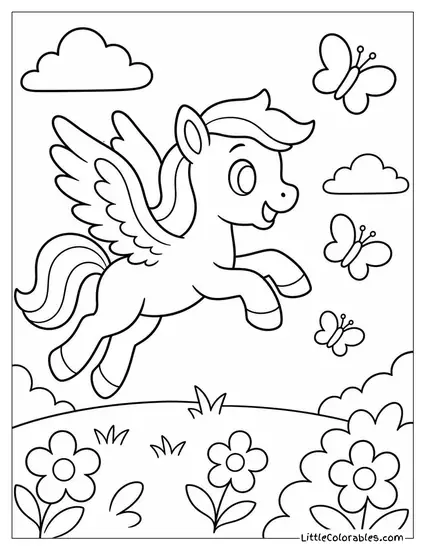 Cartoon Pegasus Chasing Butterflies Through a Sunlit Meadow Coloring Page