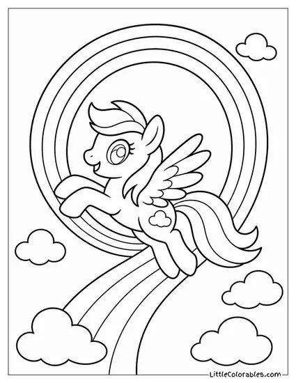 Cartoon Pegasus Doing a Loop the Loop Through a Rainbow Sky Coloring Page