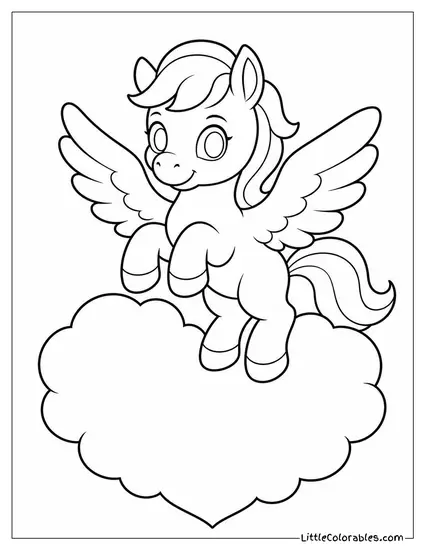 Cartoon Pegasus Floating on a Cloud Shaped Like a Heart Coloring Page