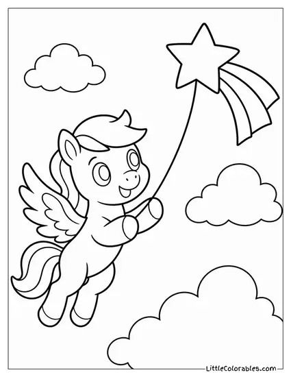 Cartoon Pegasus Flying a Kite Shaped Like a Shooting Star Coloring Page