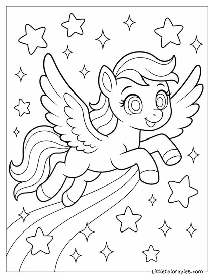 Cartoon Pegasus Flying Through a Shower of Glittering Stars Coloring Page